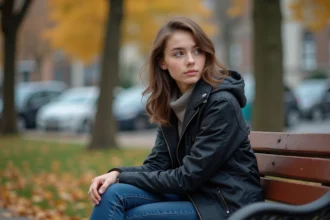 Jeune femme pensive sur un banc en automne