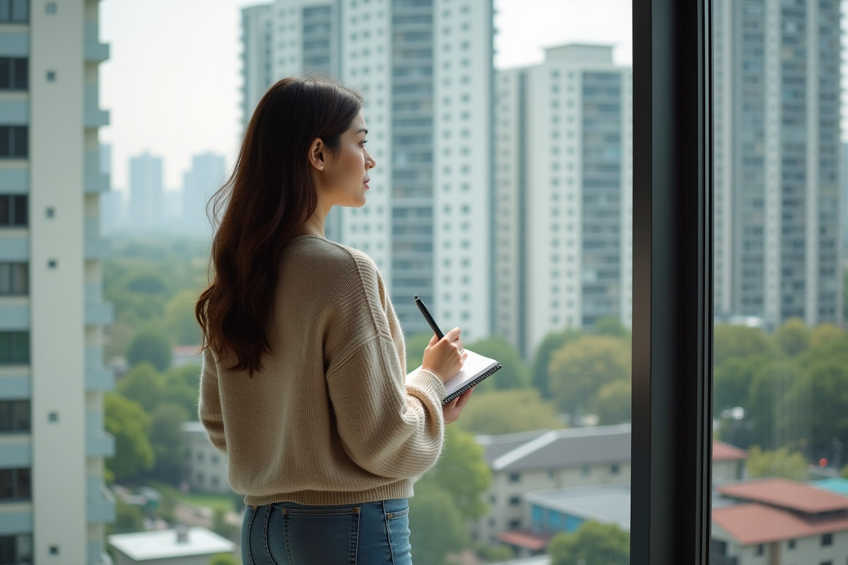 Femme regarde la ville depuis une fenêtre avec un carnet