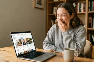 Femme riant devant un écran d'ordinateur portable affichant des mèmes sur les réseaux sociaux, illustration de la traduction humoristique du kayakobémé