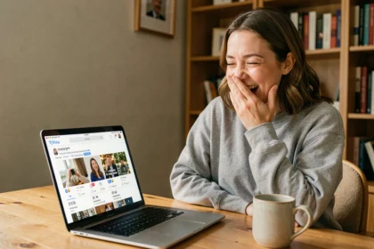 Femme riant devant un écran d'ordinateur portable affichant des mèmes sur les réseaux sociaux, illustration de la traduction humoristique du kayakobémé