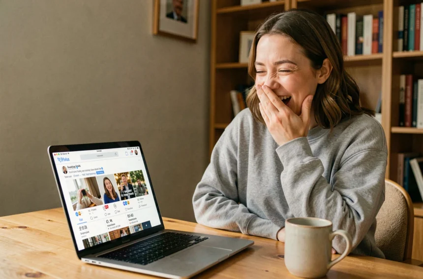 Femme riant devant un écran d'ordinateur portable affichant des mèmes sur les réseaux sociaux, illustration de la traduction humoristique du kayakobémé