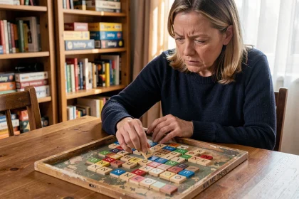 Femme concentrée posant une tuile Scrabble sur un plateau lors d'une partie tendue