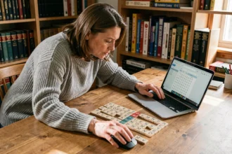 Femme utilisant une souris d'ordinateur pour trouver les meilleurs mots au Scrabble sur une application en ligne