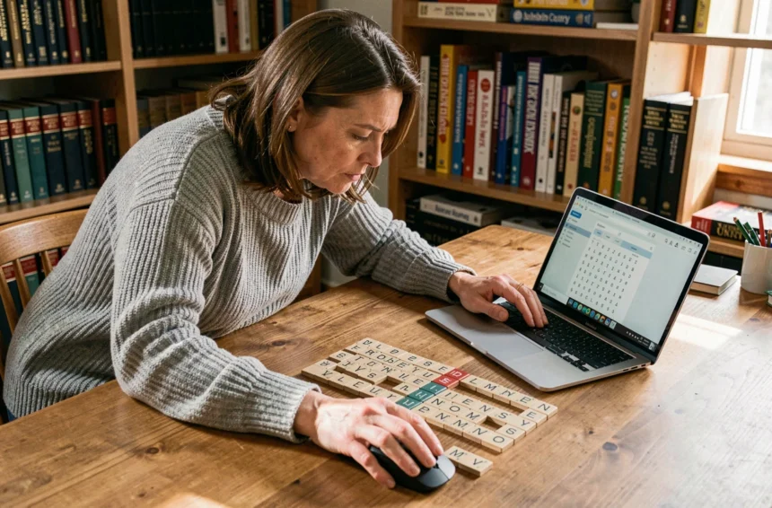 Femme utilisant une souris d'ordinateur pour trouver les meilleurs mots au Scrabble sur une application en ligne