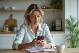 Femme d'âge moyen utilisant son smartphone dans une cuisine moderne