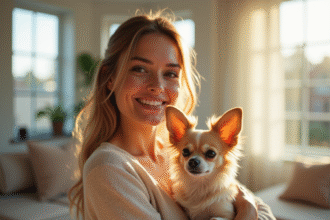 Femme souriante tenant un chihuahua papillon dans un salon lumineux