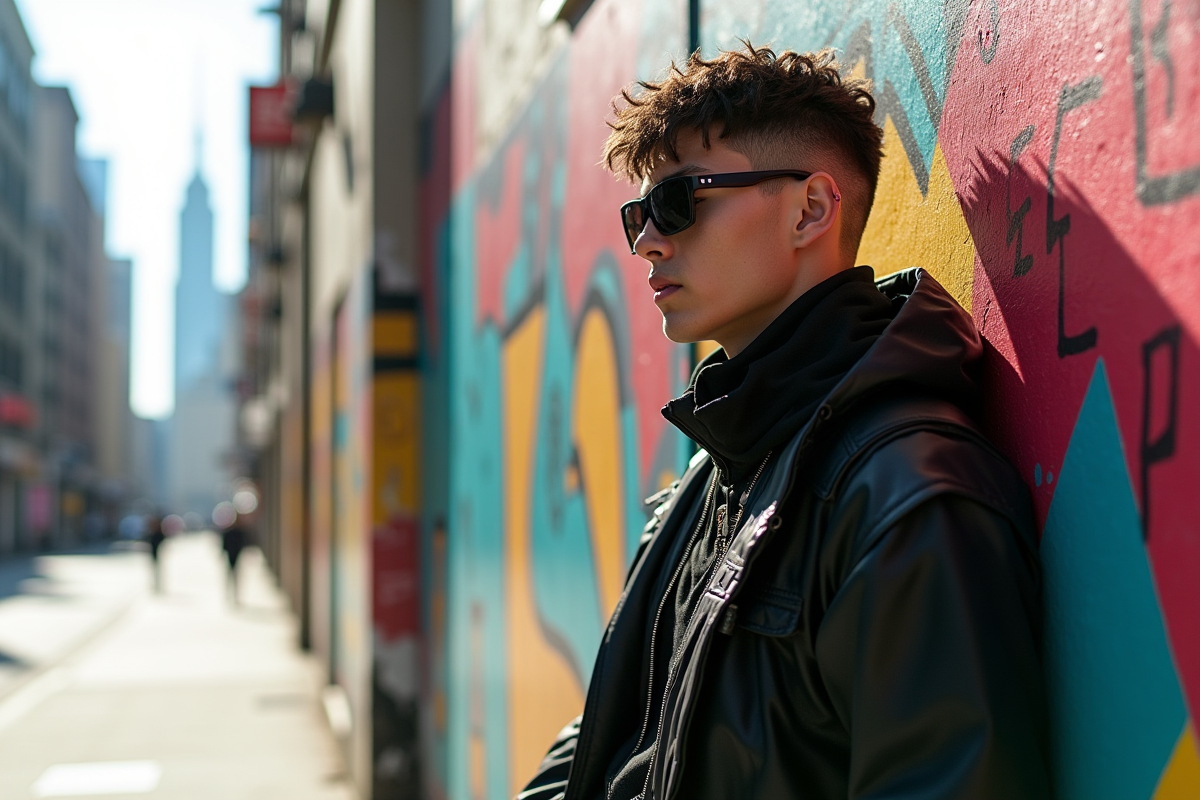 Femme en streetwear futuriste contre un mur graffite