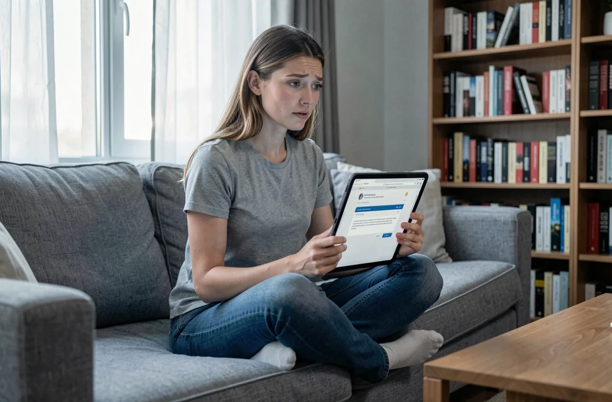 Femme hésitante consultant un site de téléchargement illégal sur une tablette dans un salon moderne