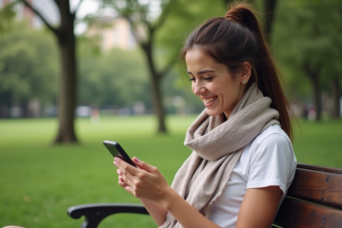 Femme regardant son téléphone dans un parc en plein air