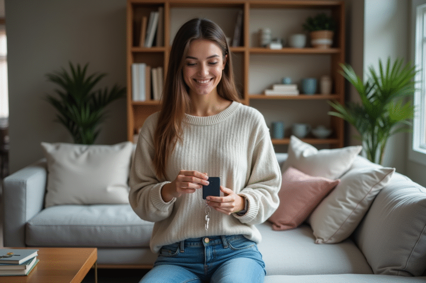 Jeune femme souriante avec tracker à la maison