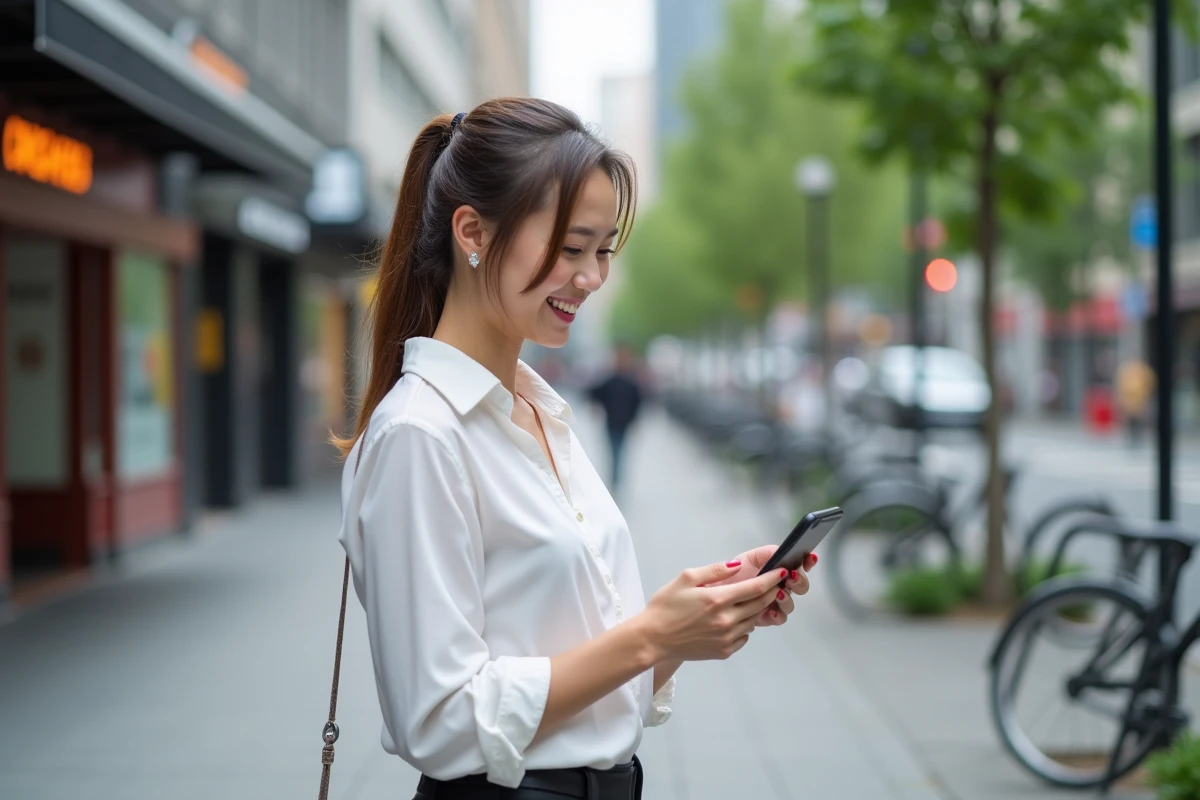Femme souriante regardant son smartphone avec manga en ville