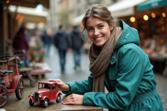 Femme en imper teal inspectant une vieille voiture en tôle