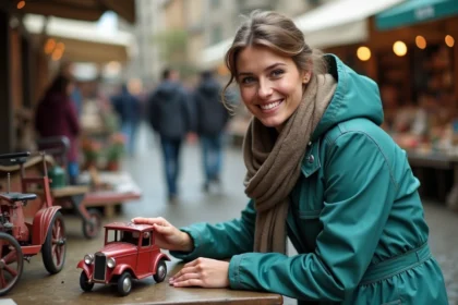 Femme en imper teal inspectant une vieille voiture en tôle
