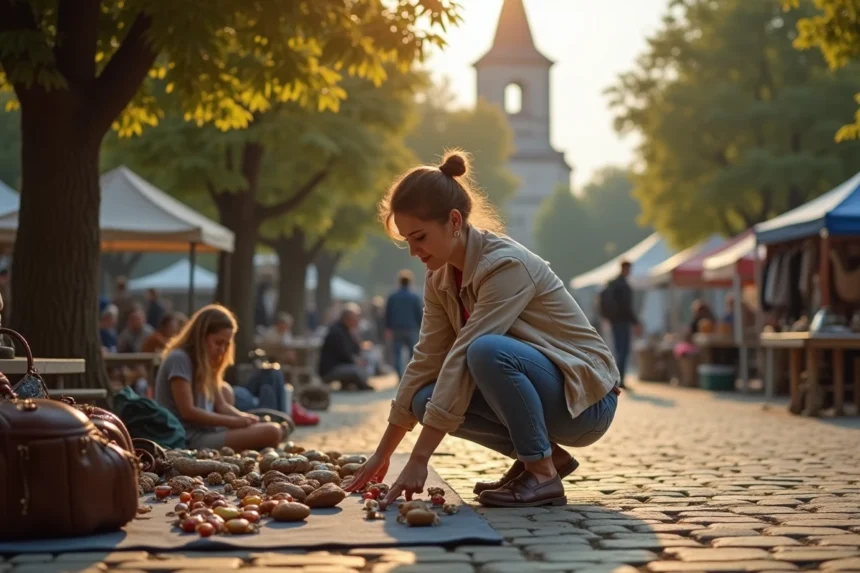 Femme inspectant des objets vintage au marché au lever du jour