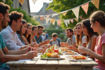Groupe d'adultes et adolescents lors d'une fête de village