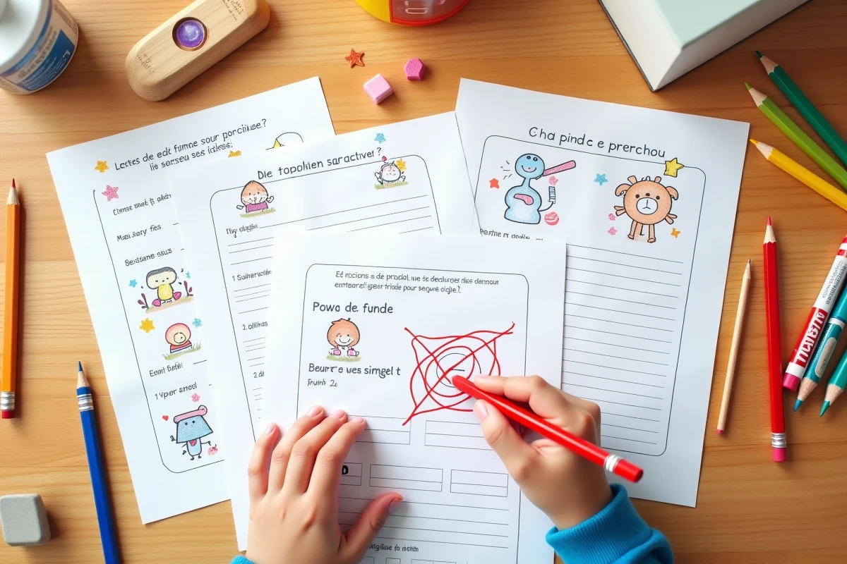 Vue aérienne de fiches d'exercices maternelle avec corrections au crayon rouge et matériel scolaire coloré sur un bureau en bois