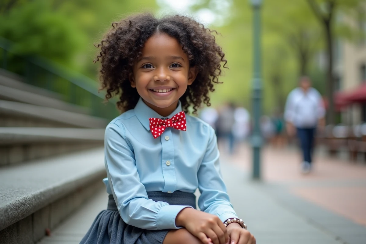 Fille de huit ans souriante avec un nœud papillon dans un parc urbain