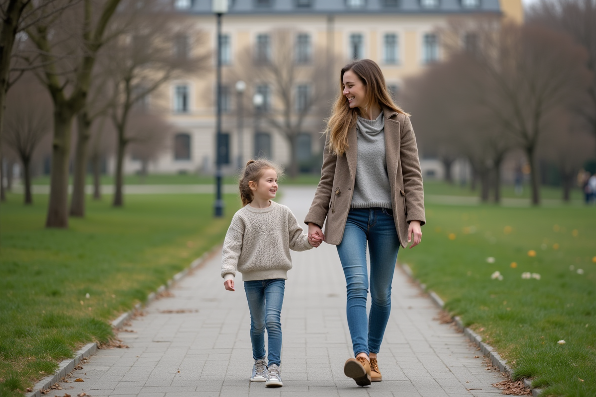 Fille et mère se tenant la main dans un parc urbain