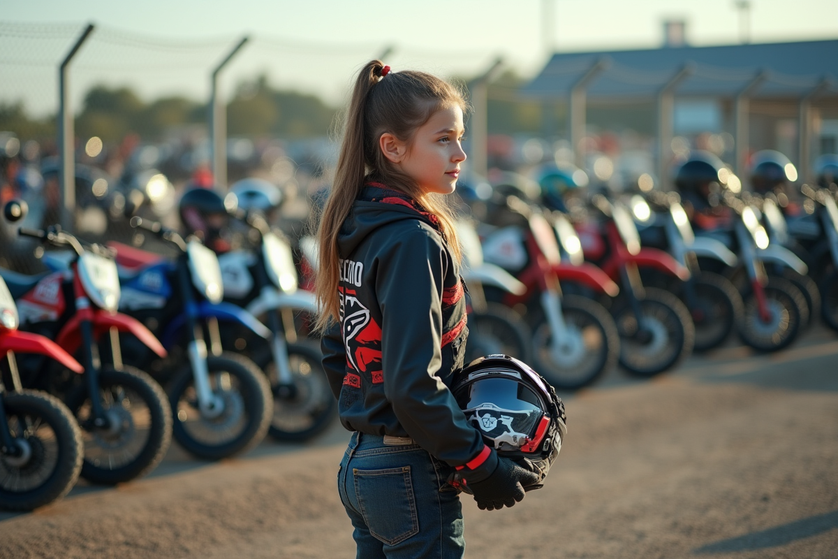 Fille inspectant des motos de motocross en concession