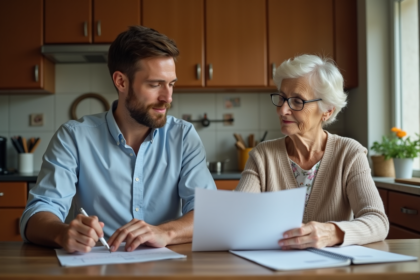 Fils et mère assis à la cuisine avec documents