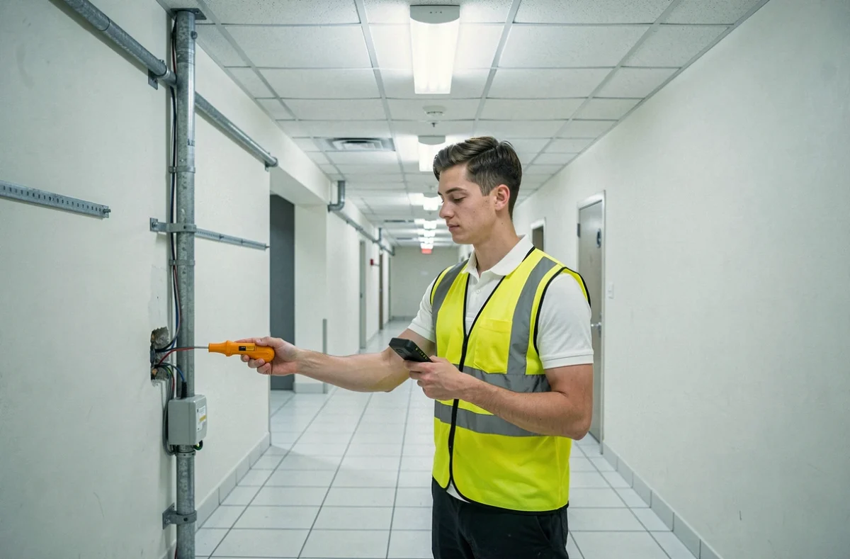 Technicien de Flash Elec testant une boîte de dérivation dans un couloir commercial