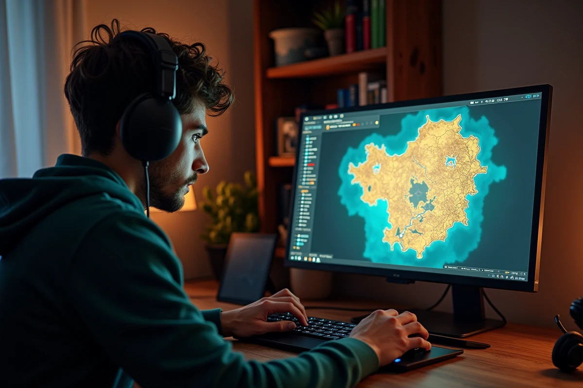 Adulte concentré devant un ordinateur avec carte Hollow Knight