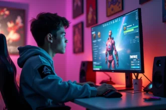 Jeune homme gamer regardant un écran de jeu coloré