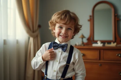 Garçon de six ans ajustant son nœud papillon dans un miroir