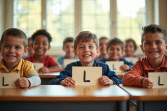 Groupe de jeunes garçons souriants dans une classe lumineuse