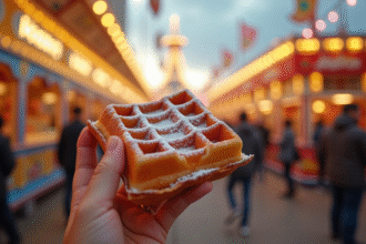 Gaufre belge fraîche tenue à la main lors d'une fête foraine