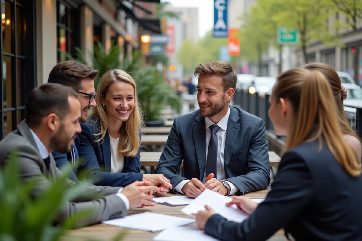 Groupe de professionnels discutant dans un café urbain