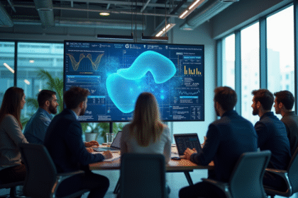 Groupe de data scientists autour d un grand écran avec visualisation 3D