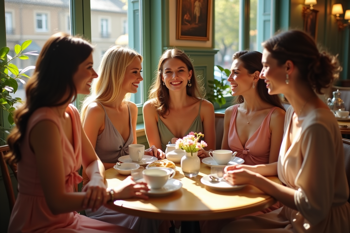 Groupe de femmes chic prenant le thé dans un café vintage