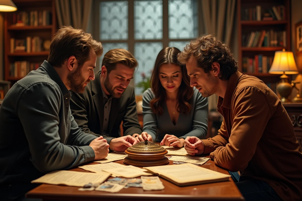 Groupe de joueurs résolvant une énigme ensemble autour d'un socle dans une salle d'escape game style années 1920