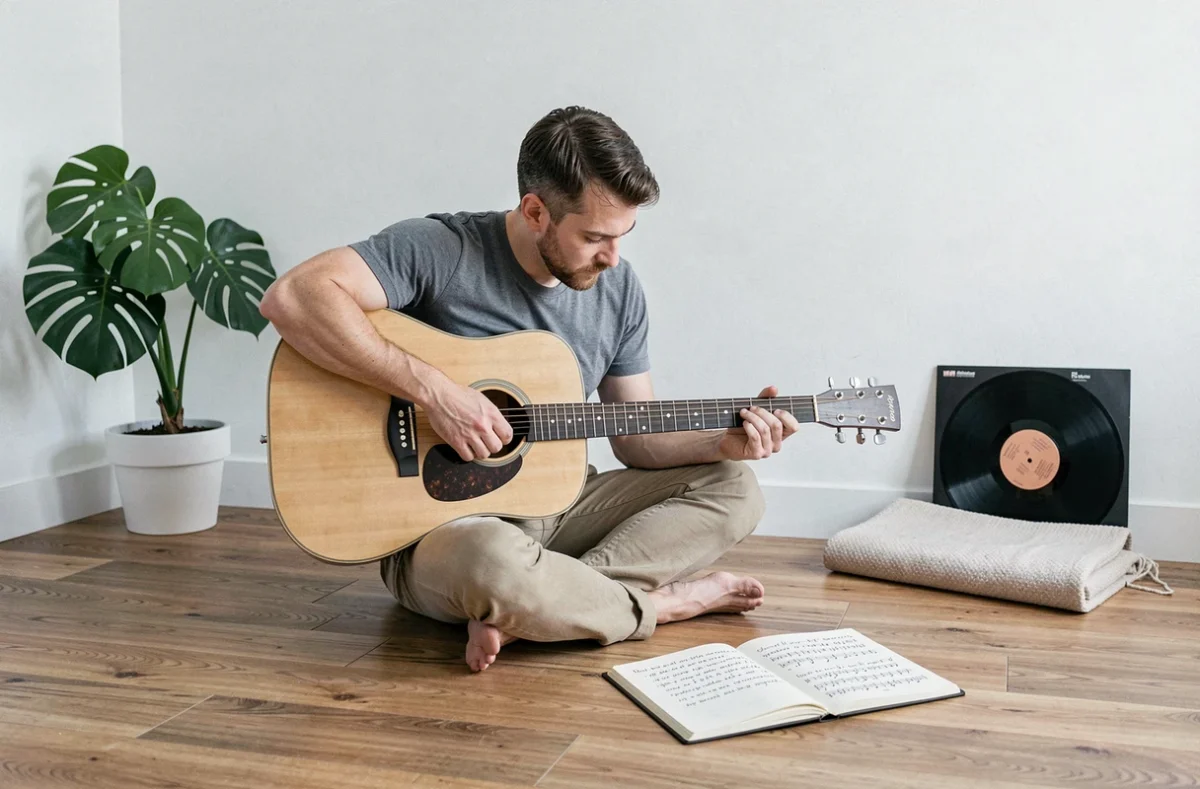 Homme jouant de la guitare acoustique et écrivant des paroles d'amour dans un carnet, atmosphère introspective et créative