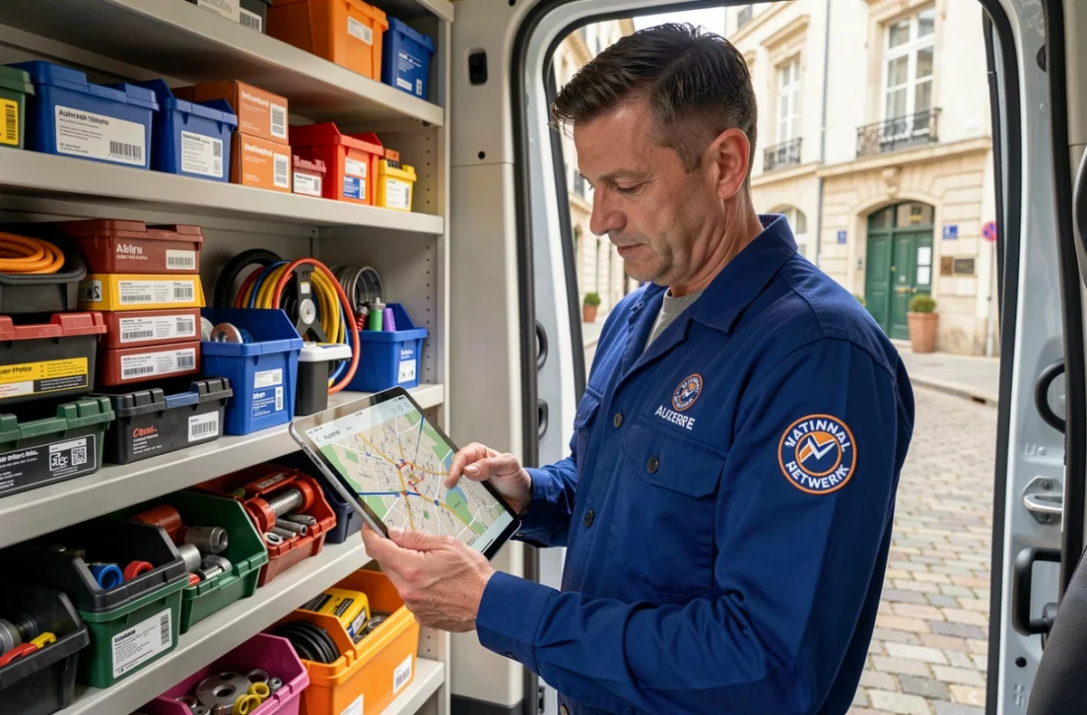Technicien de Help Confort Auxerre consultant une carte locale depuis son van de service équipé pour intervenir dans l'Yonne