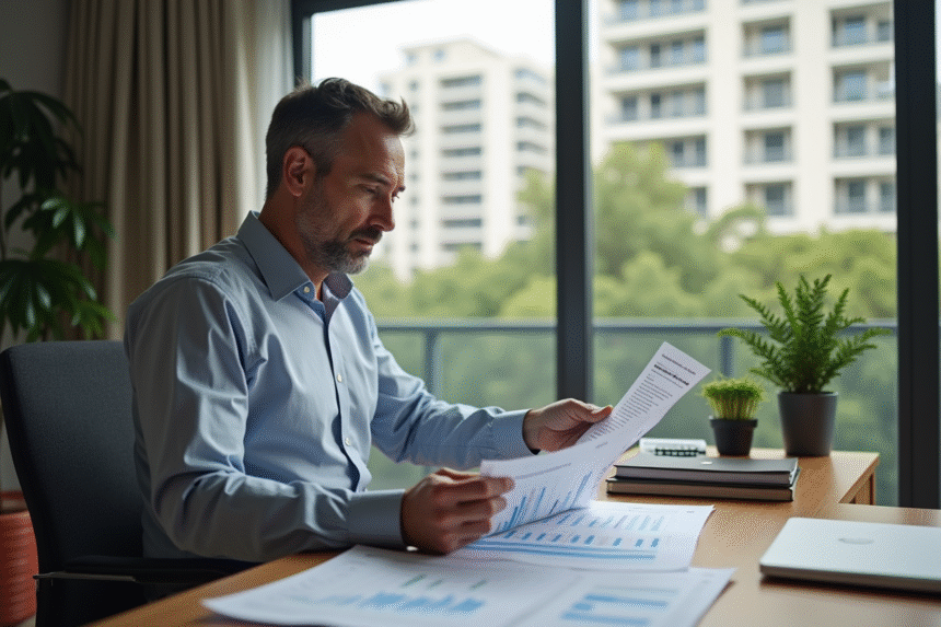 Homme d'âge moyen examinant des graphiques de rendement locatif