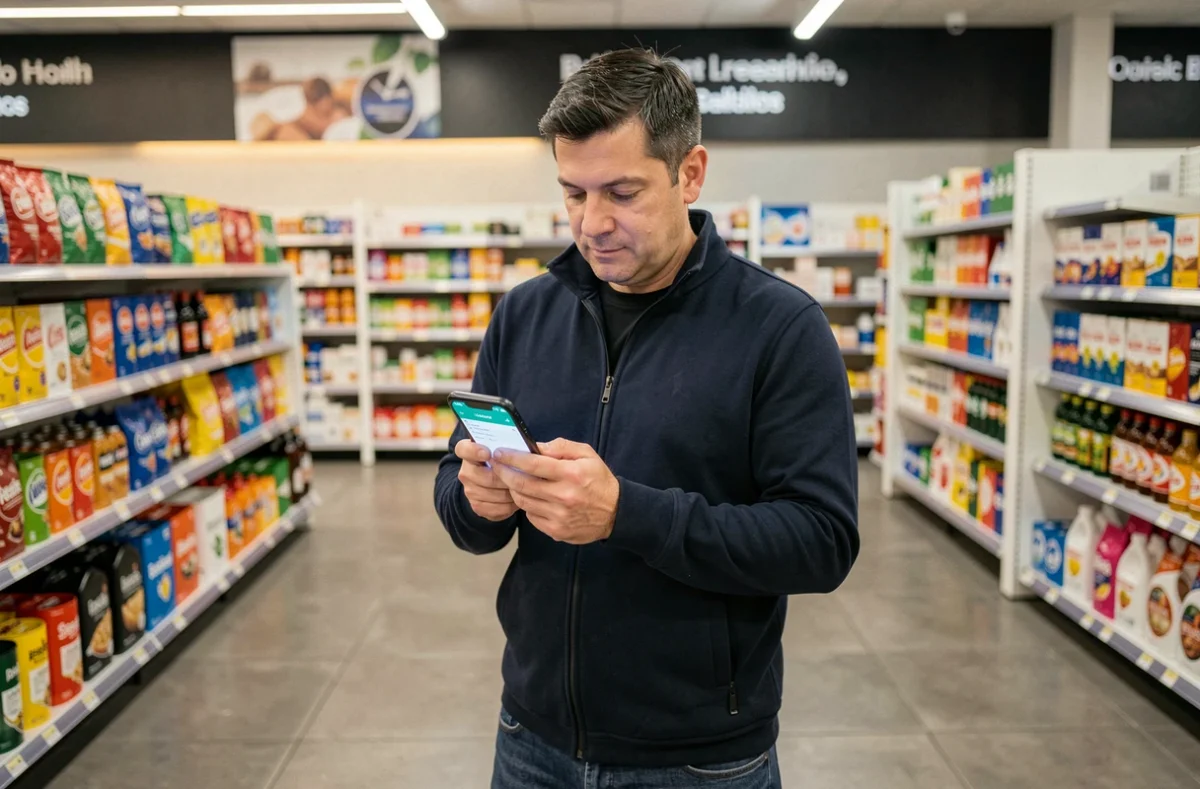 Homme consultant une application de points de récompense sur smartphone dans un magasin de grande surface