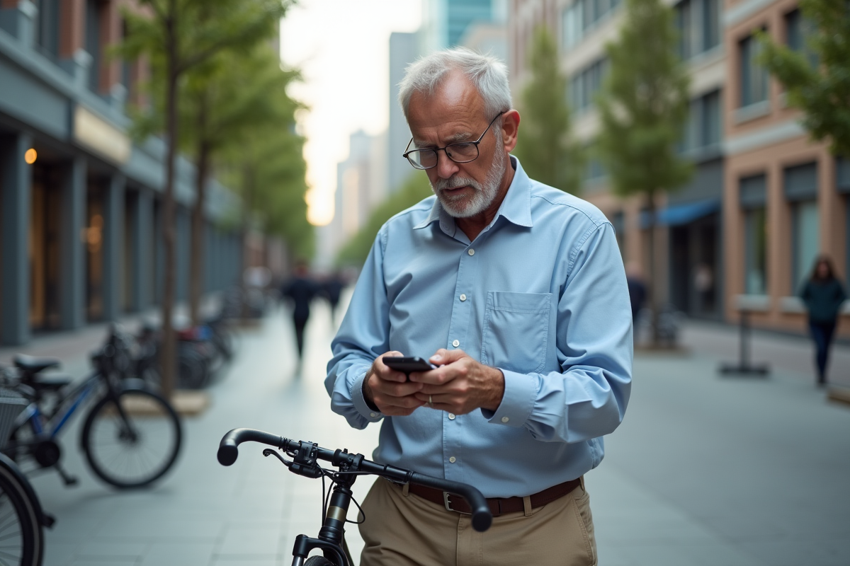 Homme vérifiant son smartphone avec vélo en ville