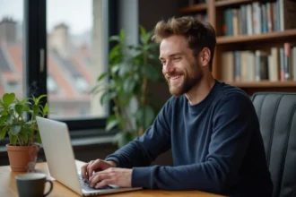 Homme souriant travaillant sur son ordinateur dans un appartement cosy