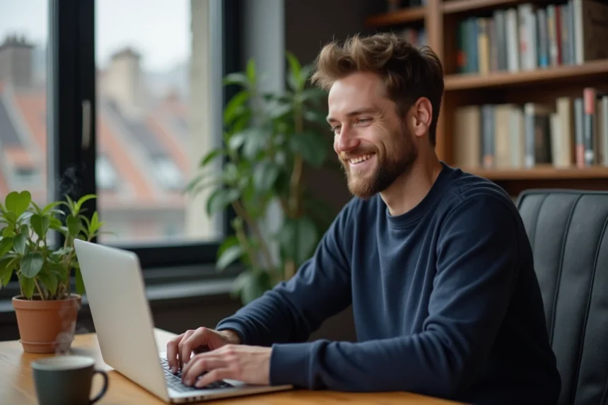 Homme souriant travaillant sur son ordinateur dans un appartement cosy
