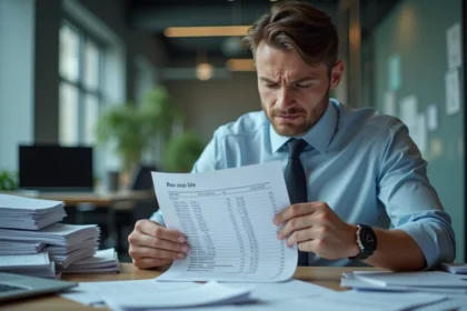 Homme de bureau regardant une fiche de paie complexe
