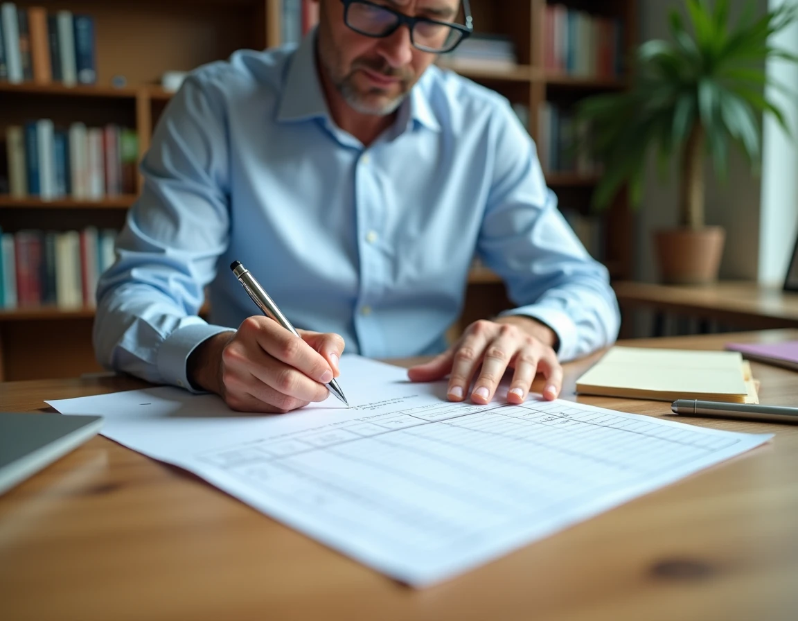 Homme assis à un bureau en bois prenant des notes à côté d'un tableau de conversion litre imprimé sur feuille A4