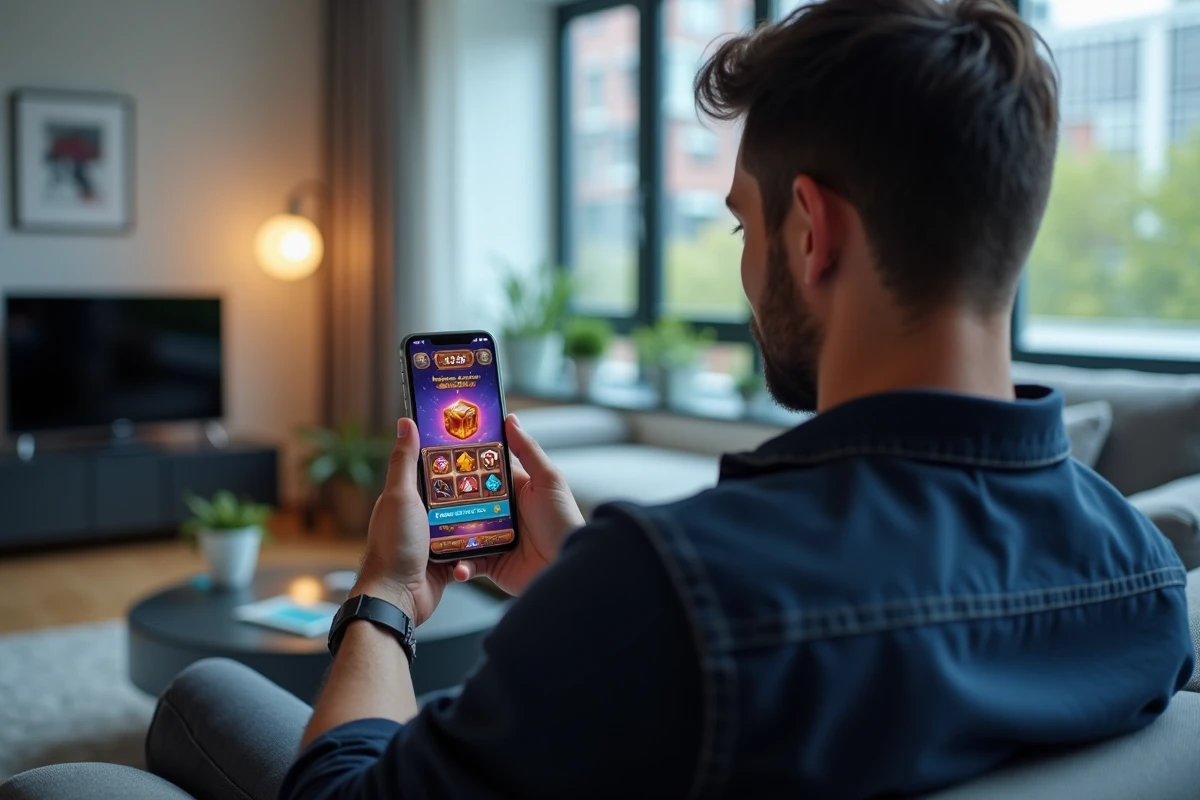 Homme sur un canapé jouant à Monopoly Go sur son téléphone avec des dés et des récompenses visibles