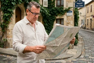 Homme consultant une carte cadastrale papier à un carrefour d'une rue française menant à l'impasse des Lilas
