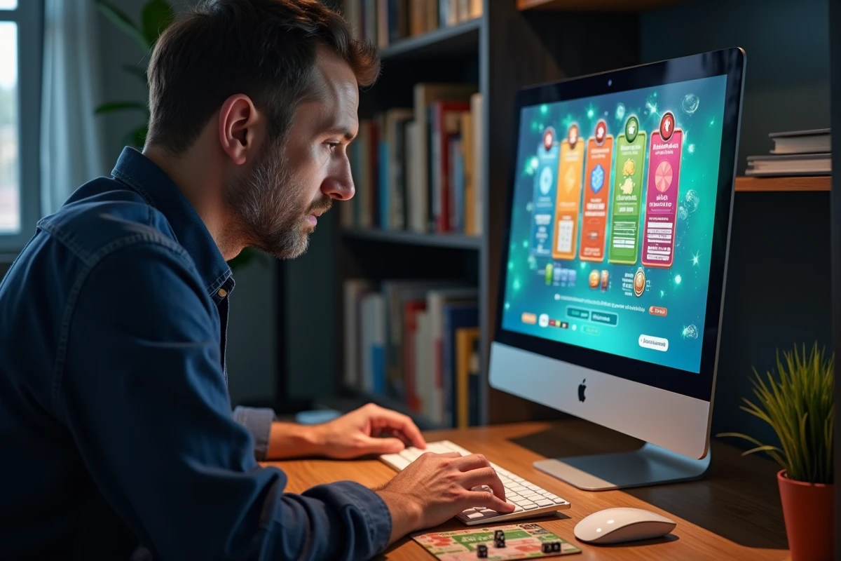 Homme consultant une page de conseils Monopoly Go sur un ordinateur de bureau dans un bureau à domicile, avec un plateau de jeu Monopoly ouvert et des dés posés à côté du clavier