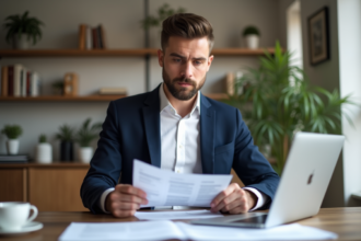 Homme confiant en blazer blanc examine documents de prêt immobilier