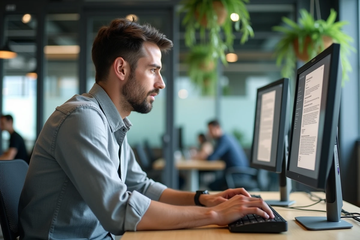 Homme tapant un email professionnel adressé à un notaire dans un espace de travail moderne en open space