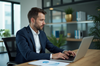 Homme d'affaires en costume analyse des chiffres financiers