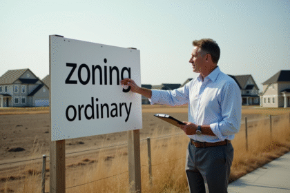Homme d'affaires montrant un panneau de zonage en banlieue